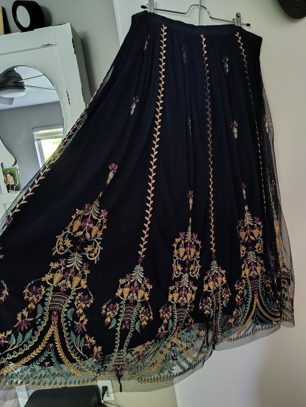Sundance NWT  PL Petite Large Embroidered Tulle Mesh Maxi Skirt Navy